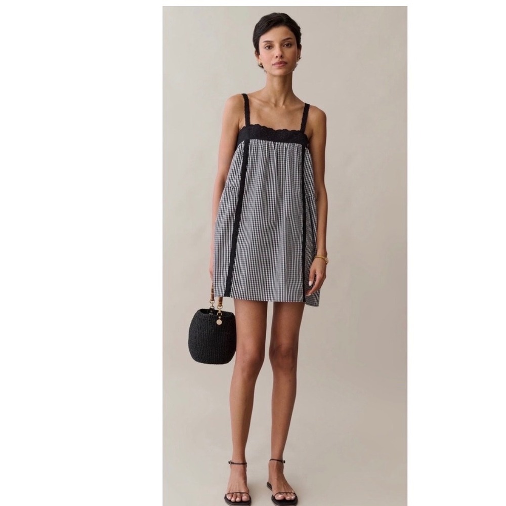 Few Moda Kourt Black Gingham Cotton Mini Dress Eyelet Lace Trim XS BLKGN